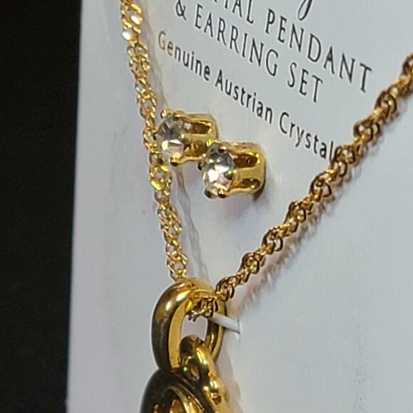 L Initial Earrings Necklace Pendant Set Genuine Austrian Crystal Gold Jewelry - Picture 4 of 5